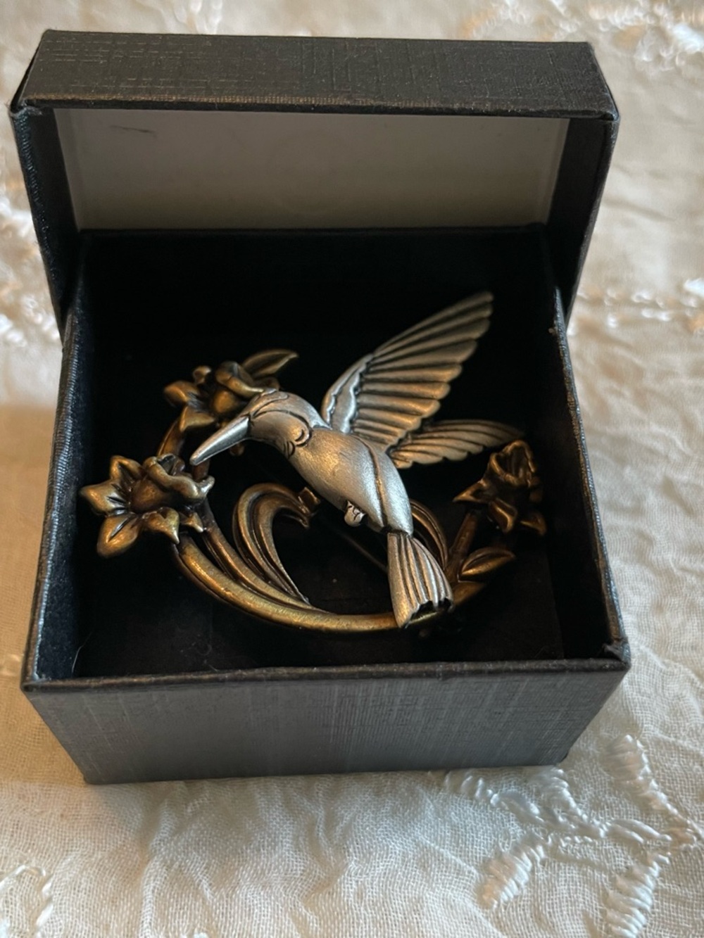 Hummingbird Floral Metal (Pewter & Bronze) Accent Pin Brooch.